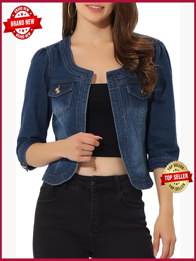 Collarless Cardigan Denim Jacket Crop 3/4 Sleeve Jean Jackets